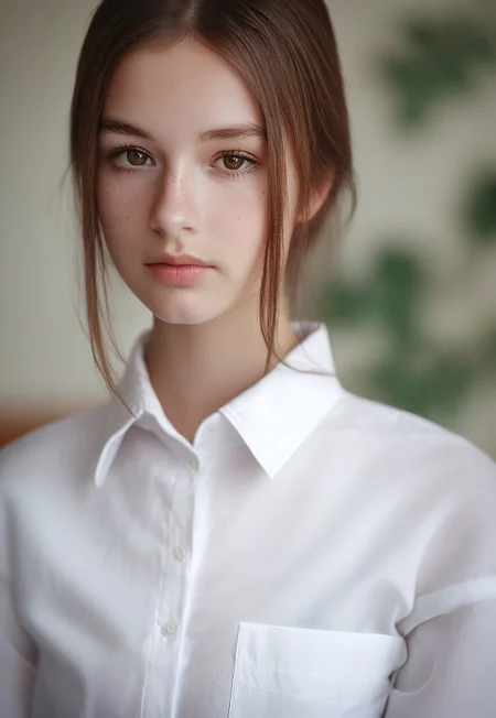 Score_9, score_8_up, score_8, RSWMN, Russian woman, 1girl, solo, shirt, brown eyes, brown hair, white shirt, blurry background, realistic, freckles, collared shirt, blurry, upper body, pocket, breast pocket, looking at viewer, closed mouth, lips, dress shirt