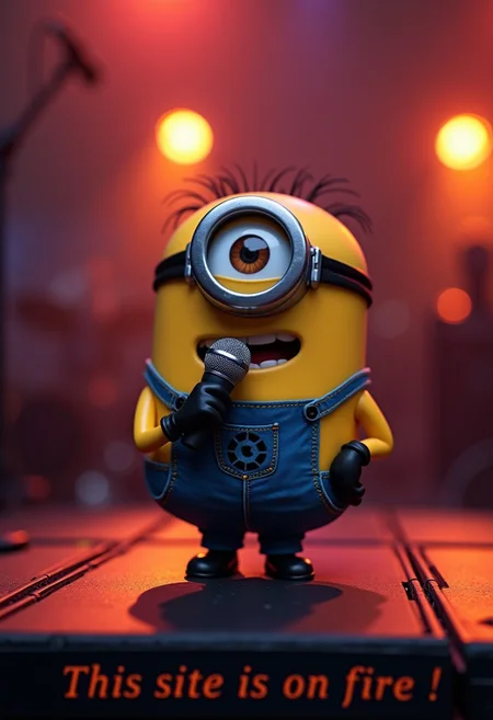 a minion singing on a stage , concert, light effects,on the bottom is a text with the words " this site is on fire ! "