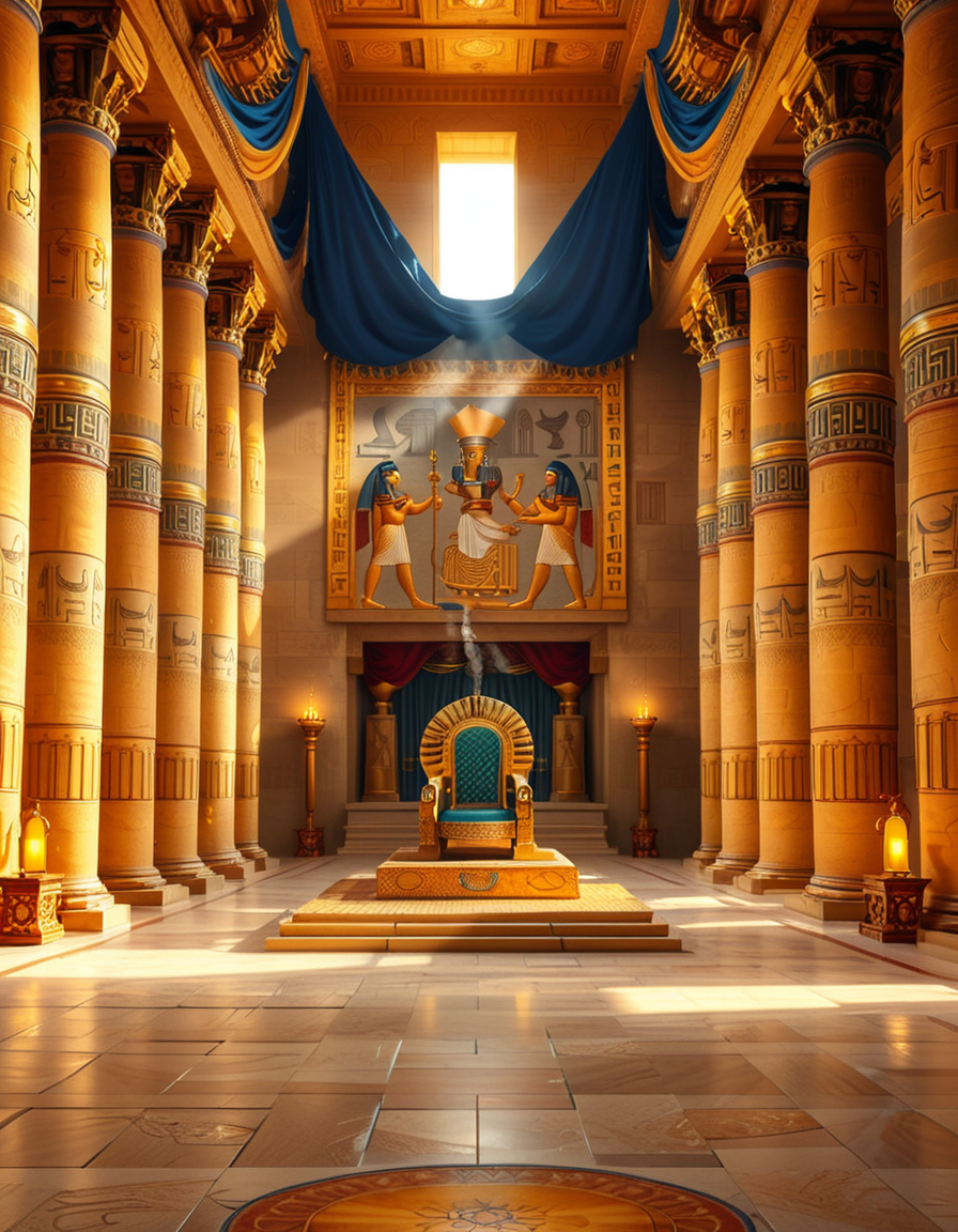 A grand and majestic ancient Egyptian throne room, illuminated by the warm glow of oil lamps and torches mounted on the intricately carved sandstone walls. The room is vast, with towering columns adorned with gold-inlaid hieroglyphs and bas-reliefs depicting gods such as Ra, Osiris, and Anubis, as well as scenes of royal ceremonies and offerings. The walls are covered with colorful frescoes, painted in deep shades of blue, red, and gold, telling the stories of ancient pharaohs and their divine rule.
At the center of the hall, an ornate golden throne rests atop a raised stone platform, accessible by a few steps. The throne is adorned with intricate carvings of winged sun disks, sacred cobras, and falcon motifs, symbolizing power and divine protection. The seat and backrest are encrusted with lapis lazuli, turquoise, and carnelian, creating a striking contrast against the polished gold. Two large stone statues of sphinxes flank the throne, their watchful eyes seeming to guard the empty seat of power.
The polished limestone floor reflects the flickering golden light of the torches, creating an almost mystical atmosphere. Large braziers shaped like lotus flowers release thin trails of fragrant incense smoke, adding to the sacred and mysterious ambiance of the room.
In the background, massive stone doors, partially open, reveal a glimpse of an open courtyard with palm trees and a distant view of the Nile River under a twilight sky. Through the high ceilings, small openings allow beams of moonlight to filter in, casting soft silver highlights across the chamber, blending with the warm tones of the torchlight.
The atmosphere is one of silence, mystery, and timeless majesty, as if the room has been left untouched for centuries, awaiting the return of a forgotten ruler.
<lora:SDXLFaeTastic2400:0.4> <lora:extremely_detailed:0.4> extremely detailed, <lora:ancient_Egyptian_thr0n3_r00m:1>,ancient Egyptian thr0n3 r00m, Masterpiece,best quality,hi res,8k,hi res,8k,award winning,(sharp focus, intricate, highly detailed),
