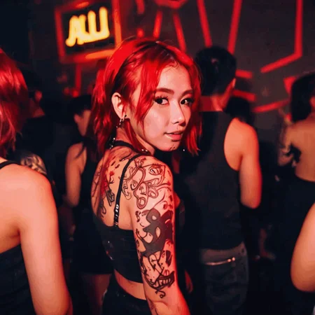 bar photo,<lora:barphoto_XL:0.7>,<lora:UndergroundClub_XL:0.4>,solo focus,looking at viewer,underground club,tattoo,rebellious,glowing,red hair,depth of field,1girl,best picture quality,masterpiece,
