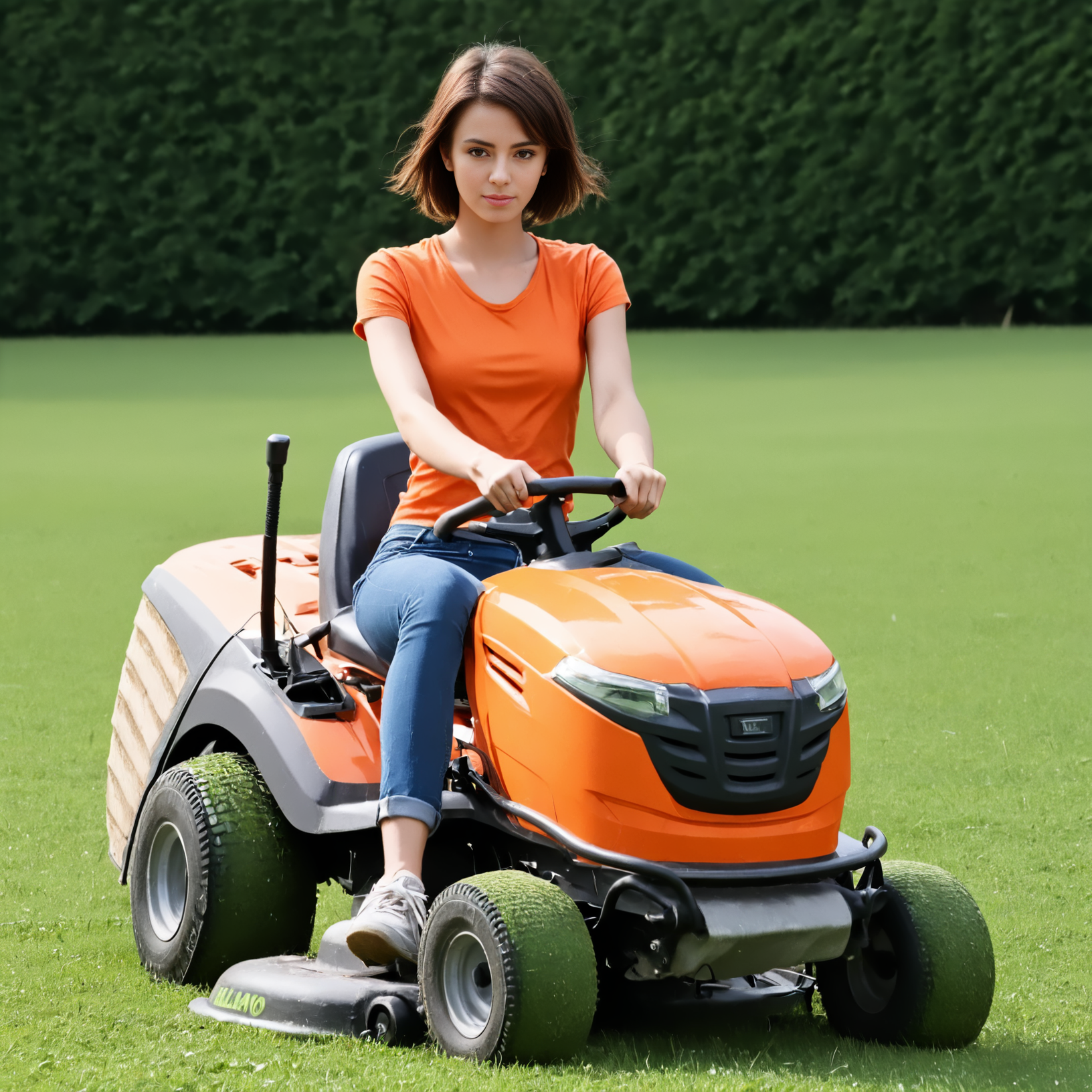 rilamo (front view) , (slim 25yo woman) riding a lawn mower. the woman wears orange shirt and jeans shorts, sneakers and has short brunette hair <lora:RideLawnMower:1>