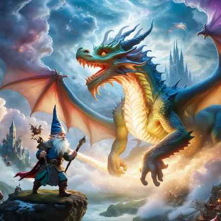 Fujifilm quality photograph (best quality)++, (masterpiece)++, (detailed)+, elf on the shelf fighting a Dragon, (fantasy illustration)1.3, enchanting Dragon battle elf on the shelf, mystical battle, (many gnomes battling)1.4 (whimsical charm).4 Otherworldly charm, mystical sky, (Luis Royo)1.2, (Yoshitaka Amano)1.1, moonlit night, soft colors, (detailed cloudscape)1.3, (high-resolution)1.2 (gnomes  battling everywhere)1.2 , <lora:DonM3t3rn1tyXL-v1.1:0.3> DonM3t3rn1tyXL <lora:DonMD1g174l4sc3nc10nXL:0.3> DonMD1g174l4sc3nc10nXL  <lora:Dragons:0.8> dragon  <lora:EnvyMagicalXL01:0.3> magical <lora:FantasyLandscape:0.8> FanLan