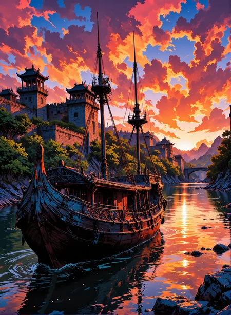 chinese ink style, A weathered ancient Chinese ship, its wooden hull darkened by time, gently drifts along a tranquil river at sunset, the sky ablaze with hues of orange, pink, and gold reflecting shimmering patterns on the water's surface. In the distance, an imposing old fort with crumbling stone walls and watchtowers stands sentinel, its silhouette stark against the vibrant sky, vines creeping along its weathered stones. The shipâs masts rise tall, tattered sails furled, intricate carvings faintly visible on the hull, suggesting centuries of history and stories. The riverbanks are lush with dense foliage, shadows lengthening as twilight approaches. The scene exudes a sense of quiet ancient majesty, a moment frozen in time, where nature and history intertwine beneath the glowing sunset sky.
 <lora:fluxenhancer:0.25> <lora:Hand v2:1> <lora:AntiBlur:1> <lora:flux.1_lora_flyway_Epic-detail_v2:0.3> <lora:ROWER:0.6> <lora:Chinese_Ink:0.3> <lora:flux-charmer-v1-1:0.4> <lora:Vibrantly_Sharp_style_v.5:0.4> <lora:realanime:0.7>