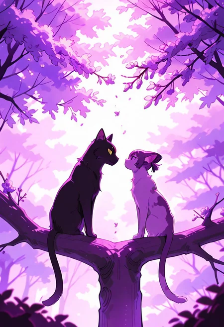 A monochromatic, black-and-white photograph of two cats sitting on a tree branch, facing each other in an intimate and harmonious pose. The left cat is black, while the right cat is white, creating a striking contrast. They are surrounded by delicate, blooming branches with small flowers, adding a serene and romantic atmosphere. The background is softly blurred, focusing the viewer's attention on the cats and their interaction. The lighting is soft, emphasizing the texture of their fur and the gentle ambiance of the scene.
<lora:Anime v1.3:1.2> <lora:Blue_Future:0.9> <lora:Ethereal Brush Anime v2.0:0.6> <lora:It's a LoRA for portraits, BUT! actually specialized in backgrounds. v1.0:0.2>
,purple sphere on background