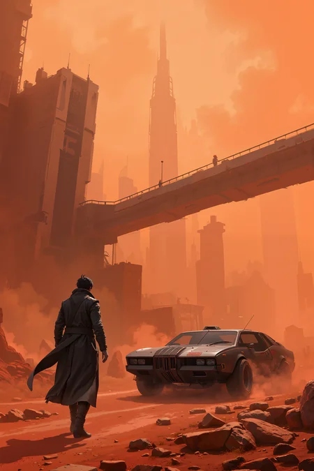 a dystopian, futuristic cityscape. The image is dominated by a reddish-brown, dusty, and barren landscape, likely due to pollution or some environmental catastrophe. In the foreground, a man stands with his back to the camera, wearing a long, dark trench coat and gray pants, suggesting a rugged, utilitarian style. He is walking towards a sleek, futuristic vehicle with a rectangular, angular design, resembling a high-tech car or hovercraft, painted in a matte black color with some metallic textures. The vehicle has a large, vertical windshield and a distinctive front grille with slats. The background features a cityscape shrouded in a thick, hazy orange fog, obscuring most of the buildings, which are tall and angular, with a mix of modern and futuristic architecture. A long, elevated walkway or bridge extends from the right side of the image, crossing the dusty ground, and leading to a structure on the left, which appears to be a building or a control center. The overall color palette is dominated by warm, earthy tones, with the exception of the man's dark clothing and the vehicle's metallic finish.<lora:XRSTYLE_FLUX:0.5><lora:black_fantasy_1.0:0.5><lora:FluxDFaeTasticDetails:0.7>