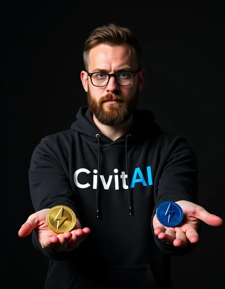 Photo of a man standing in shadows. Man has short brown hair and short full bushy beard. He is looking at viewer with a serious expression. He is wearing glasses and black hoodie with word "CivitAI" printed on it, "Civit" in white letters and "AI" in blue letters. Man is holding two big metallic coins in open palms and presenting them to the camera as if offering them. In the right hand he has golden coin with a lighting bolt symbol engraved on it. In the left hand he has blue cobalt coin with a lighting bolt symbol engraved on it.