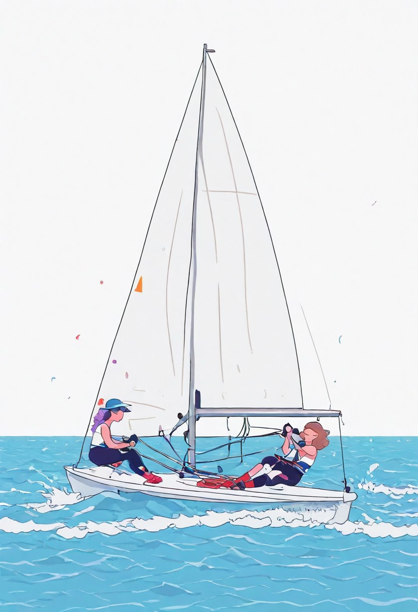 Absurdres, best quality, masterpiece, extremely aesthetic,
Dramatic cinematic scene,
 sailing a dinghy, sport sailing, sailing dinghy, gp14, (on a boat, sitting on the side of a boat, pulling ropes):1.9, sailor girl, sailing crew, 
(Sailing Dinghy, rudder, main sail, jib, mast, haliard, ropes, regatta, sport):1.5,
in heavy wind, dinghy race, fingerless gloves, leaning out, keeling, splashing water, waves,
Nylon, spandex, dear Lord, what's next?
Polyester, pin stripe, wet my appetite
Polka dots, see through, put me in a good mood
A-cup, D-cup,
Long hair, curly hair, fine curls, tiny torso, narrow shoulders, wide hips, tiny limbs, short limbs, 
Detailed background,
seductive, playful,
 dramatic angle, 
Heavily stylized vector illustration, fun, close-up, out of frame, stylish, exaggerated body proportions, huge head, head same size as body,
BaseB0b, minimalist vector illustration, Flatline, Flat vector illustration, sai1ing, over side,
