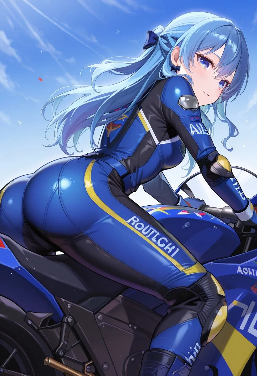 masterpiece, score_9, score_8_up, score_7_up, EasyNegative_v2, (best quality:1.1), ultra-detailed, high resolution, super detailed skin, beautiful detailed eyes, nsfw, Brightly Lit, Highly Visible, 8k, sharp focus, beautifulq, perfect lighting, beautiful eyes, anatomically correct, anatomically correct face, extremely detailed eyes, smooth edges, beautiful face, source_anime, biker clothes, boots, blue bikesuit, knee pads, 1girl, face focus, elbow pads, gloves, ground vehicle, motorcycle, biker clothes, bikesuit, helmet, motorcycle helmet, gloves, boots, knee pads, elbow pads, Su1se1Str, blue eyes, blue hair, long hair, half updo, bow earrings,