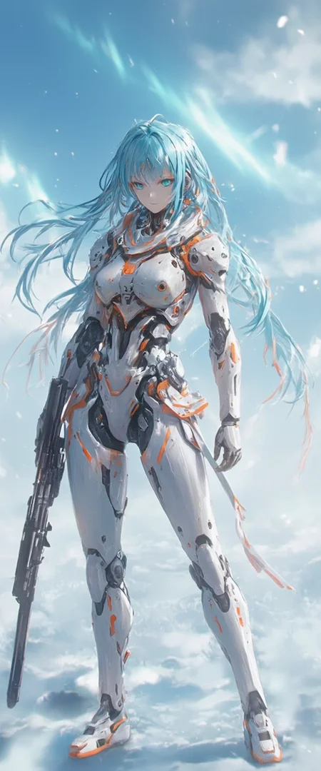 anime art style,cyberpunk, A sesquipedalian depiction of a solitary female cyborg, ensconced in an exoskeletal carapace of pearlescent white and tangerine, stands against a cerulean expanse. Rendered in a hyperrealistic style, the composition is a medium shot, captured from a low angle, imbuing the subject with an air of formidable puissance. Her cerulean tresses, like silken filaments, cascade around her, posing with the angularity of her mechanized form. The meticulous detail extends to the patina of wear on her armor, hinting at battles fought and victories won. The emphasis should be placed on the intricate network of mechanical sinews and pneumatic actuators that articulate her every move. Her gloved hand grip hard really heavy gun,  assalut rifle made from black shiny steel. The background is a blurred tableau of an arctic tundra, the ethereal luminescence suggesting a nascent dawn or the ghostly aurora borealis.