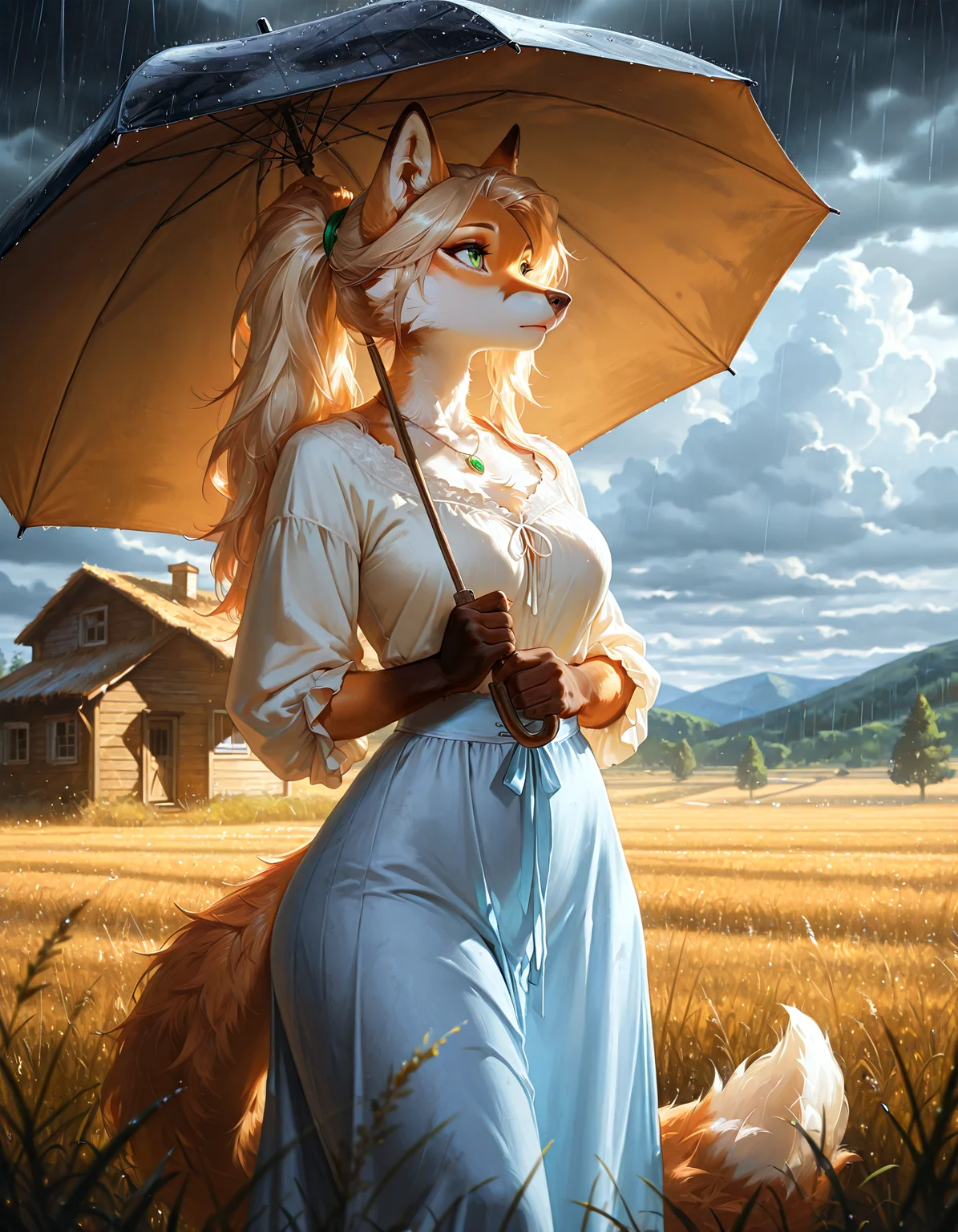 masterpiece, best quality, amazing quality, very aesthetic, high resolution, ultra-detailed, absurdres, newest,jedopil, oil painting,heavy rain, dark, clouds,
BREAK
furry fox female,anthro,two tone, 1girl, SOLO, detailed fur,fur detail, detailed fur ,long hair in a ponytail,light blond hair color,light brown fur,tail,short ,feminine body,wide hips, green eyes, medium breasts,
BREAK
farm house,necklace,white blouse,light blue long skirt, standing,looking into the distance,under an umbrella, field,
BREAK,
detailed background, detailed hair, depth of field, detailed fluffy fur, photorealistic details, volumetric lighting
