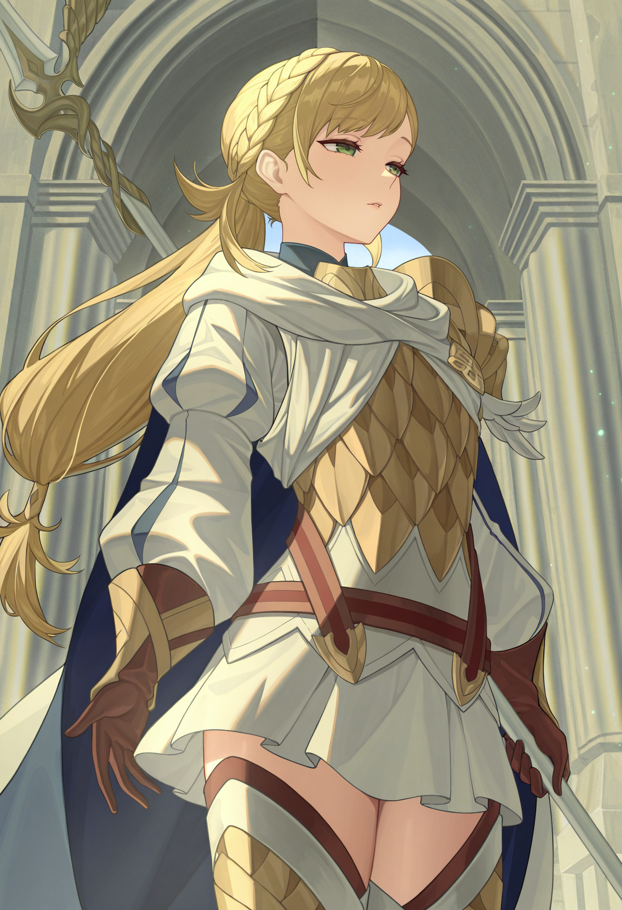 masterpiece, best quality, absurdres, highres, newest, 1girl, solo, <lora:sharena-fe-richy-v1_ixl:1> sharenadef, green eyes, blonde hair, long hair, ponytail, armor, cape, gloves, skirt, zettai ryouiki, holding polearm, spear, outdoors, closed mouth, looking away, half-closed eyes, parted lips,