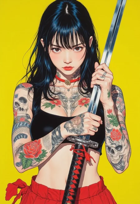 pingtu style, illustration-fen, This is a hyper-realistic digital oil painting in HD, 8K quality, ultra-detailed, masterpiece artwork. The subject is a young woman with striking black hair styled with soft bangs framing her face, accented by vibrant blue streaks that shimmer under the light. Her large, almond-shaped eyes are intensely focused, with a subtle frown adding to her aura of determination, drawn with the bold lines and vivid shading characteristic of classic 80s anime. Her pale complexion serves as a canvas for vivid tattoos covering her arms, torso, and neck, featuring intricate designs of flowers, skulls, and abstract patterns in bold hues of red, blue, green, and yellow, each detail rendered with vibrant colors typical of the era’s aesthetics. She wears a sleek black cropped top exposing her midriff, accented by a red ribbon tied around her waist, paired with a red pleated skirt visible at the bottom of the composition. In both hands, she holds a katana, its gleaming blade angled towards the viewer, exuding strength and readiness. The sword's traditional Japanese design, with a black handle wrapped in a red cord, seamlessly blends tradition with the nostalgic anime aesthetic. Set against a vibrant lime-yellow background, the vivid colors of her tattoos, attire, and weapon stand out boldly, evoking the striking and dynamic visuals of 80s anime.
