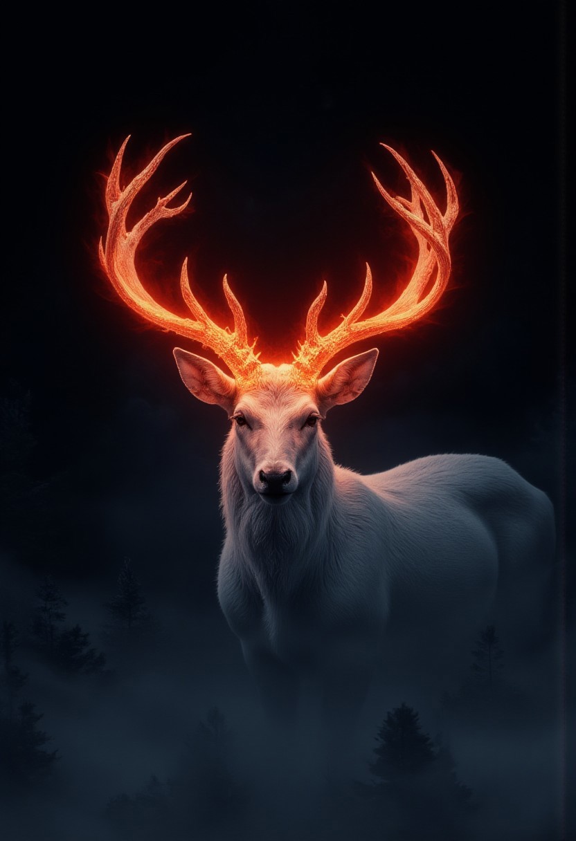 A high-quality photograph captures a white stag emerging from a black fog during a Nordic winter night. Only its head and shoulders are visible, glowing vividly under a striking orange-red light. Its antlers, like molten iron, radiate an intense, fiery hue that pierces the dark. The white fur shimmers faintly against the shadowy backdrop, while the rest of its form dissolves into the black fog, creating an eerie, surreal ambiance. The rest of the pine forest is barely visible, hidden in the surreal magical fog. Reminiscent aurora borealis light in the sky.