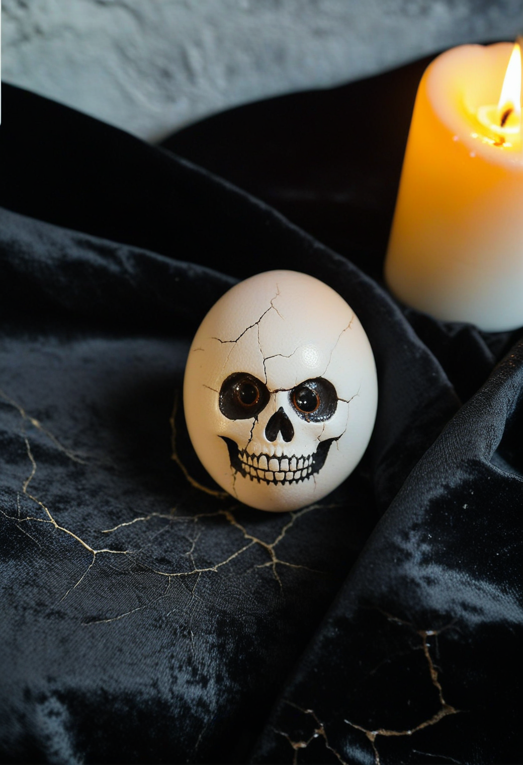 <lora:Sysdeep_EasterEgg:1>, sysdeep_easteregg, an easter egg painted like a cracked skull, with realistic bone texture, empty eye sockets, placed on a black velvet cloth, eerie candlelight