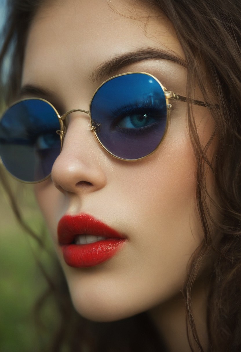 score_9, score_8_up, score_7_up, outdoors, sunny day, Isabella, brunette, makeup, red lipstick, eye shadow, close up on face, blue eyes, looking over the top of her glasses, blue sunglasses, round sunglasses, glasses pushed down nose, sunglasses on the end of her nose, smouldering expression, small sunglasses looking into viewers eyes, focus  on eyes
