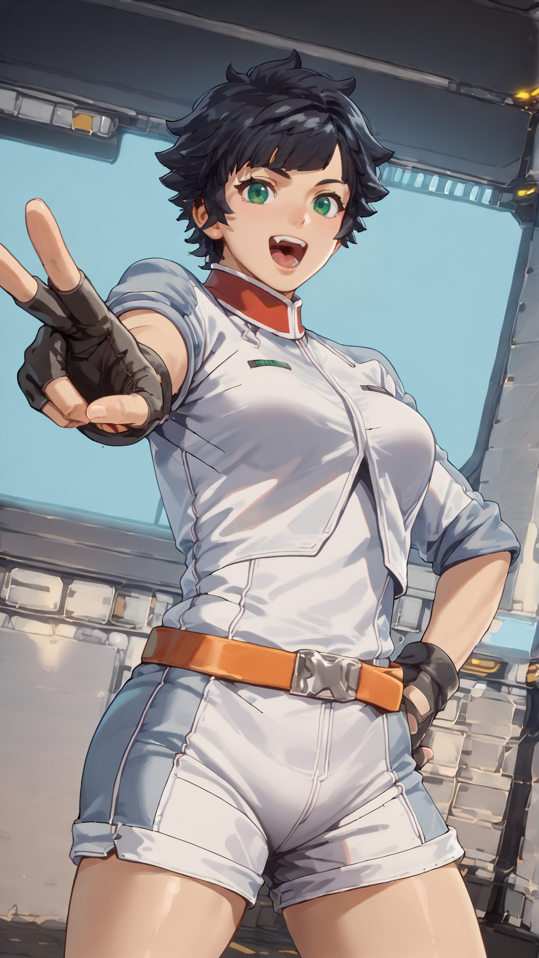 2d, fantasy-style, (zPDXL2), (((cowboy shot))), (((dynamic pose))), (((dynamic angle))), sehele style, webtoon, anime, centered, solo, sakslh, 1girl, 1woman, medium breasts, tomboy, black hair, green eyes, open mouth, white shirt, black glove, orange belt, shorts, victory sign pose, indoors, <lora:sd_xl_dpo_lora_v1:1>, <lora:OMG-Is-DucHaiten_v1.0:0.1>, <lora:Seunghee_Lee_Style_PDXL:0.4>, <lora:ManhwaSDXL:1>, <lora:Sakura_Slash_Gundam_PonyXL:0.8>