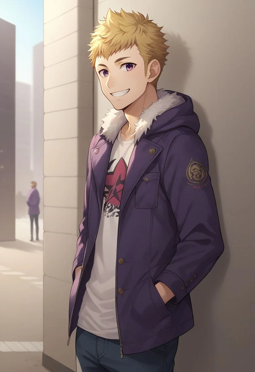 score_9, score_8_up, source_anime, highly detailed, 1boy, solo, male_focus
ryuji, 1boy, male focus, solo, blonde hair, hands in pockets,
jacket, violet jacket, pants, hood, fur trim, upper body, smile,
outdoor, street, city, japan, against wall, full body,