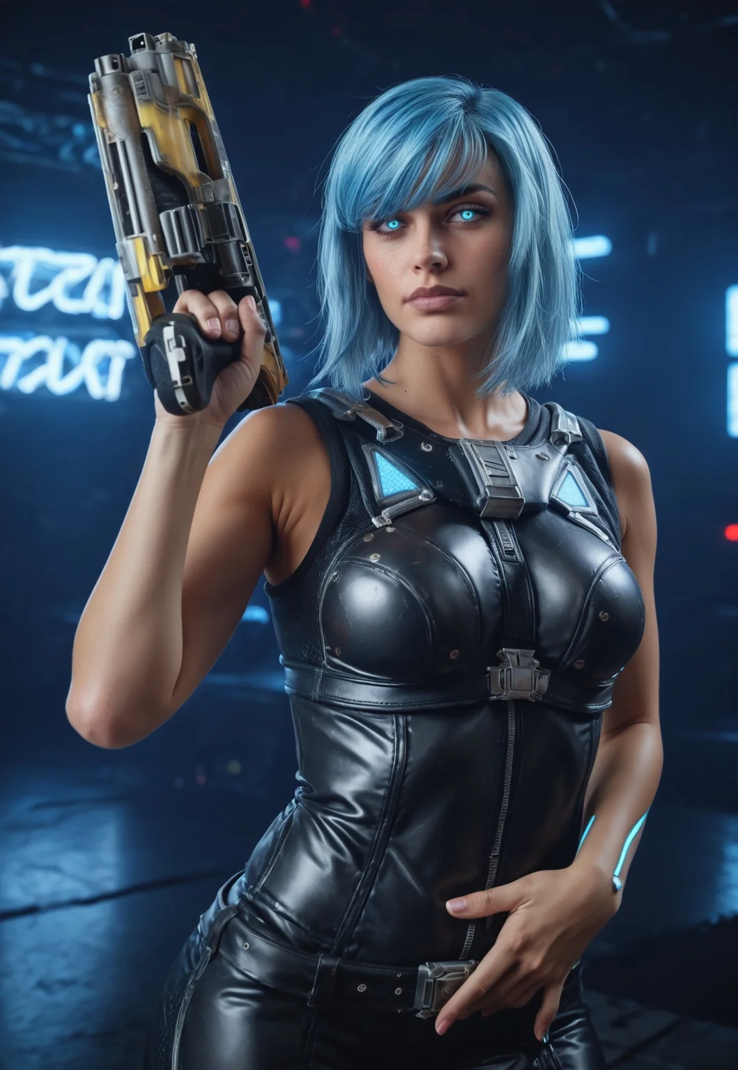 safe_pos, core_9, score_8_up, score_8, semi realistic, ultra detailed, 8k, high quality, hi res, high quality, detailed eyes, perfecteyes, detailed face, 1girl, sharp focus, cowboy-shot, focus on hip, (1girl:1.2), Nyx from Quake Champions, futuristic assassin outfit, (((pistol in hand:1.85))), pale skin, (glowing bobcut blue hair, side bangs), realistic, cinematic angle, cinematic lighting, athletic body, intense face, glowing blue eyes, stealthy pose
BREAK
infiltrating a high-tech corporate facility at night
BREAK
source_sci_fi_art, rating_explicit, expressive, half body, front view, ((dynamic pose))
BREAK
detailed beautiful background, futuristic architecture, neon lights, advanced security systems, holographic displays, dark shadows, tense atmosphere
(((full clothed)))
<lora:add-detail-xl:1>
<lora:Dynamic Poses:1>
<lora:DandonFuga_Style_v.2_-_Pony:0.8>