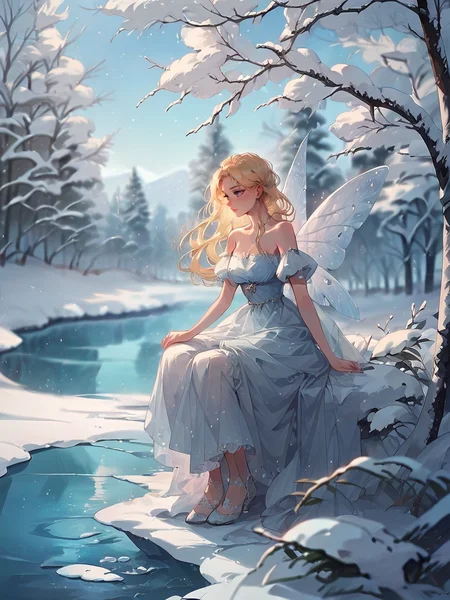 score_9, score_8_up, score_7_up, score_6_up, score_5_up, <lora:snowXLP:1> snow, winter, 1girl, dress, blonde hair, solo, snow, sitting, wings, long hair, tree, bare shoulders, blurry, winter, river