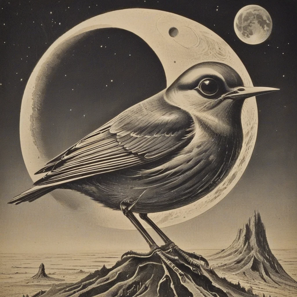 bird, no humans, moon, surreal, star (sky), monochrome, traditional media, animal focus <lora:ArsMJStyle_-_Vintage_Future:1>