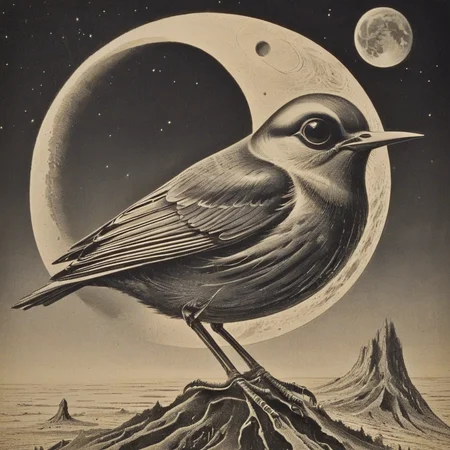 bird, no humans, moon, surreal, star (sky), monochrome, traditional media, animal focus <lora:ArsMJStyle_-_Vintage_Future:1>
