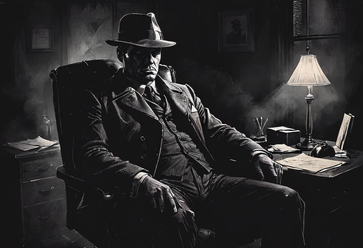 drawing of a moody detective asleep sitting in his office chair in his detective office, film noir style, dark room, <lora:add-detail-xl:-1>,  <lora:Dark_Novel:0.7>