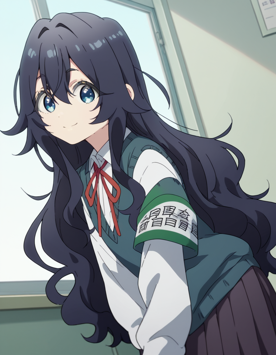 score_9, score_8_up, score_7_up, source_anime,
shizukayoshimoto, <lora:shizuka-yoshimoto-s1-ponyxl-lora-nochekaiser:1>,
shizuka yoshimoto, long hair, bangs, blue eyes, black hair, hair between eyes, wavy hair,
skirt, shirt, ribbon, school uniform, white shirt, pleated skirt, red ribbon, neck ribbon, armband, sweater vest,
indoors, classroom, bent over, smile,
looking at viewer, cowboy shot, dutch angle, solo,