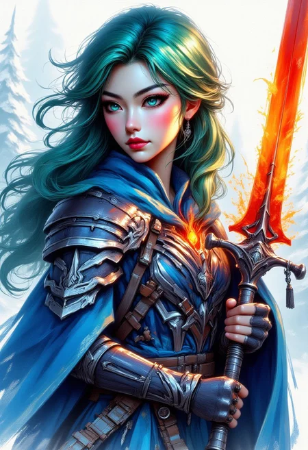 FFAOR, inksketch, 1woman, Frost Blue armor, sky blue eyes, orange glowing sword, cherry red lips, pine green hair, beautiful