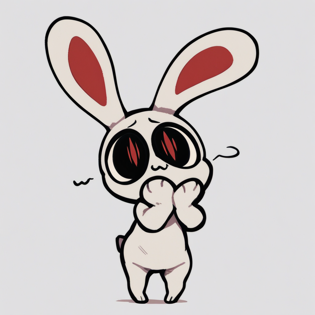 score_9, score_8_up, score_7_up, Iscream, anthro, solo, ambiguous gender, white body, rabbit, noseless, :3, Big eyes, black eyes, red slit pupils, tail, white background, simple background, standing