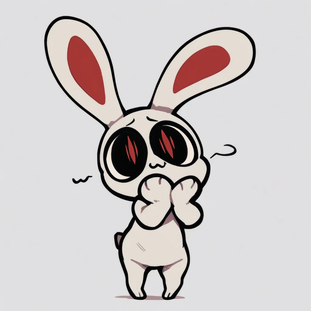 score_9, score_8_up, score_7_up, Iscream, anthro, solo, ambiguous gender, white body, rabbit, noseless, :3, Big eyes, black eyes, red slit pupils, tail, white background, simple background, standing