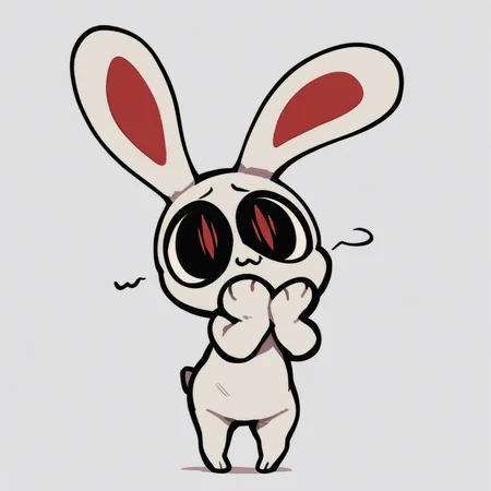 score_9, score_8_up, score_7_up, Iscream, anthro, solo, ambiguous gender, white body, rabbit, noseless, :3, Big eyes, black eyes, red slit pupils, tail, white background, simple background, standing