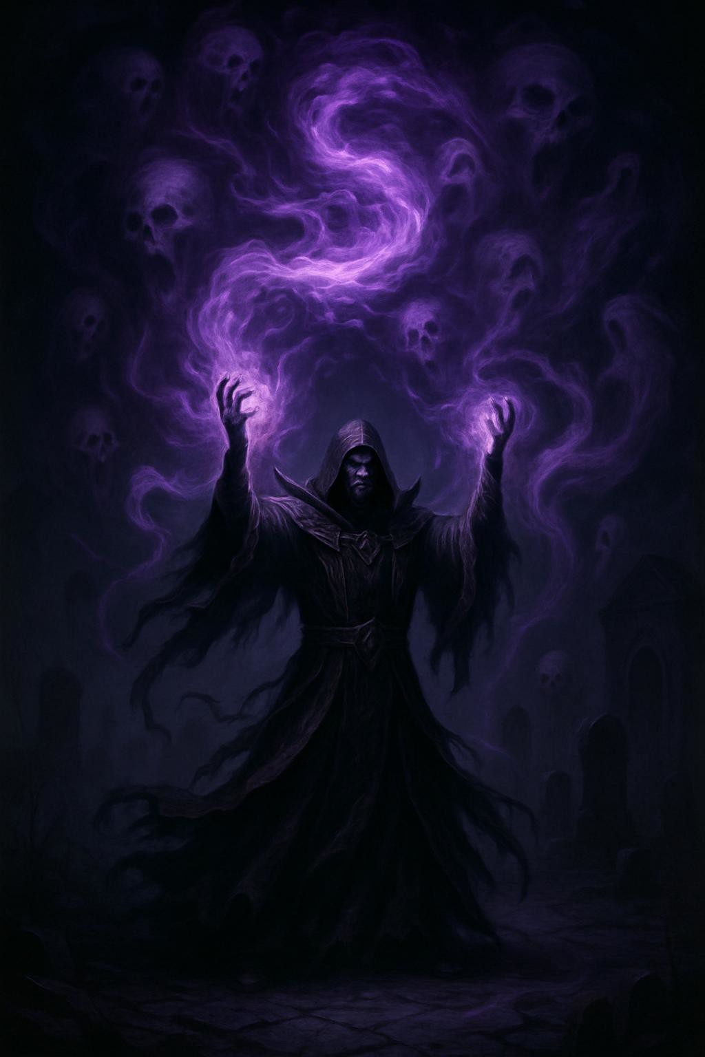 An epic depiction of a powerful warlock summoning a dark, misty purple spell, shrouded in an ethereal, haunting glow. The warlock stands with his hands raised, channeling a swirling vortex of thick, smoky purple mist that radiates ominous energy. The mist snakes outward like ghostly tendrils, forming spectral shapes of skulls and wraithlike figures that dissolve into the surrounding shadows. His dark, tattered robes billow unnaturally as if moved by the energy of the spell, adorned with faintly glowing runes. The scene is suffused with an eerie purple light emanating from the spell, casting long shadows across the cracked stone floor. The background is dark and desolate, with faint outlines of gravestones and a crumbling crypt, amplifying the deathly, mystical atmosphere