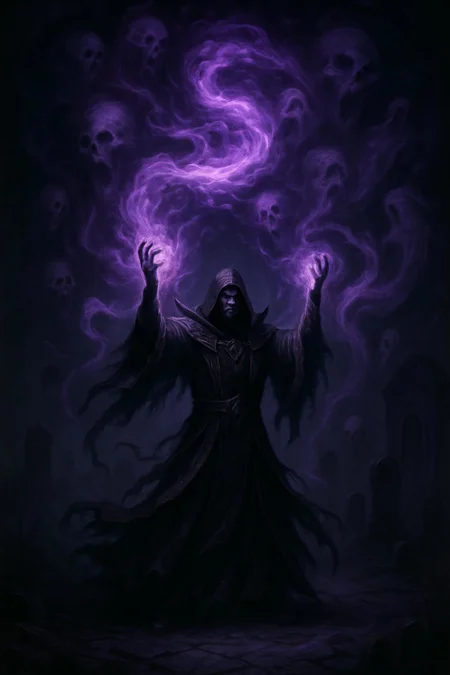 An epic depiction of a powerful warlock summoning a dark, misty purple spell, shrouded in an ethereal, haunting glow. The warlock stands with his hands raised, channeling a swirling vortex of thick, smoky purple mist that radiates ominous energy. The mist snakes outward like ghostly tendrils, forming spectral shapes of skulls and wraithlike figures that dissolve into the surrounding shadows. His dark, tattered robes billow unnaturally as if moved by the energy of the spell, adorned with faintly glowing runes. The scene is suffused with an eerie purple light emanating from the spell, casting long shadows across the cracked stone floor. The background is dark and desolate, with faint outlines of gravestones and a crumbling crypt, amplifying the deathly, mystical atmosphere
