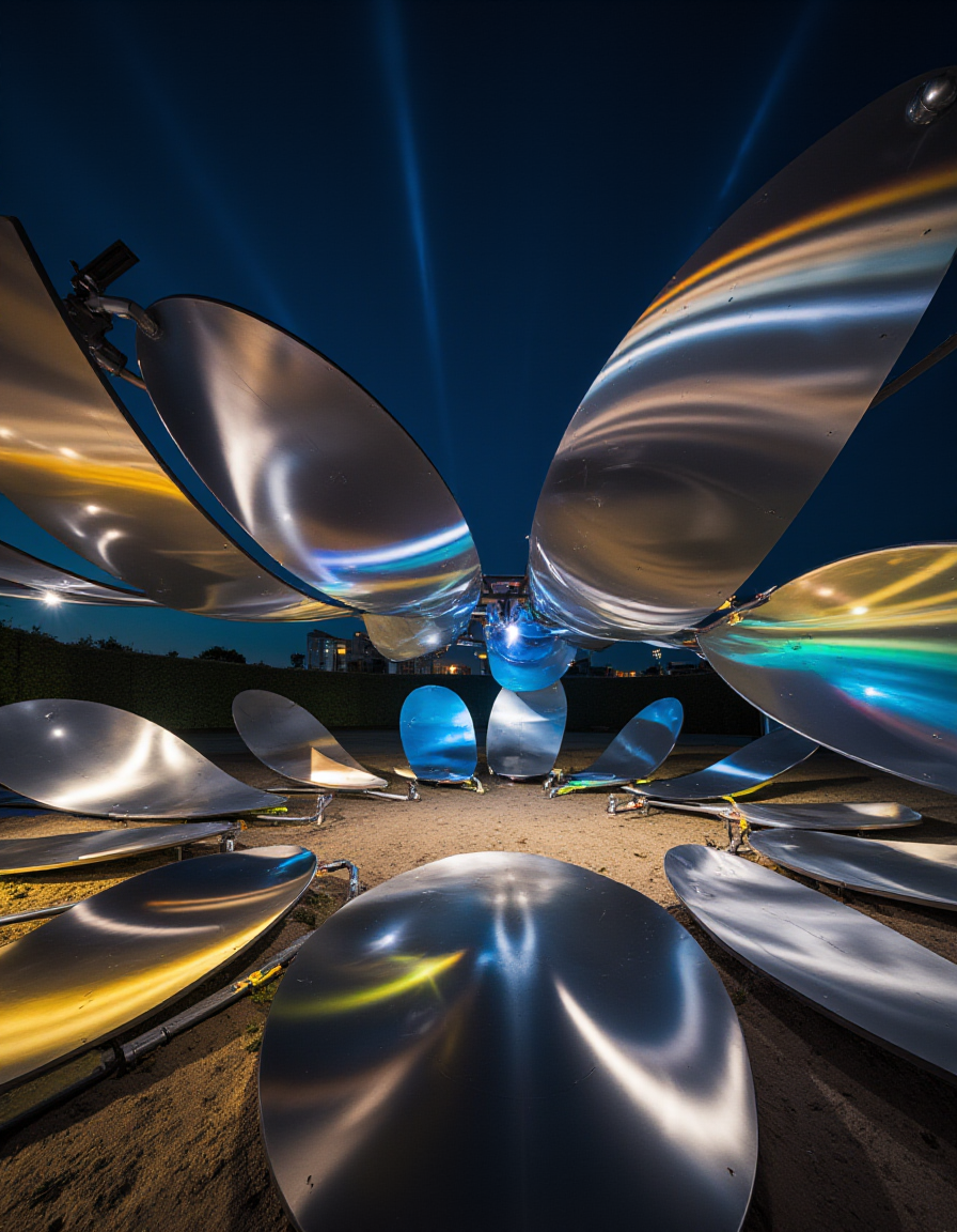 A ground-based kinetic sculpture featuring interconnected aluminum plates arranged in concentric circles. The plates move up and down in a synchronized wave pattern, powered by hidden motors. Polished to a mirror finish, the plates reflect the colors of the sky and surrounding environment, creating a kaleidoscope of motion. During the evening, spotlights project shifting gradients of gold and blue onto the installation, drawing a large audience who marvel at the mesmerizing interplay of motion and light.
<lora:ral-kntcscptr-flux:1>