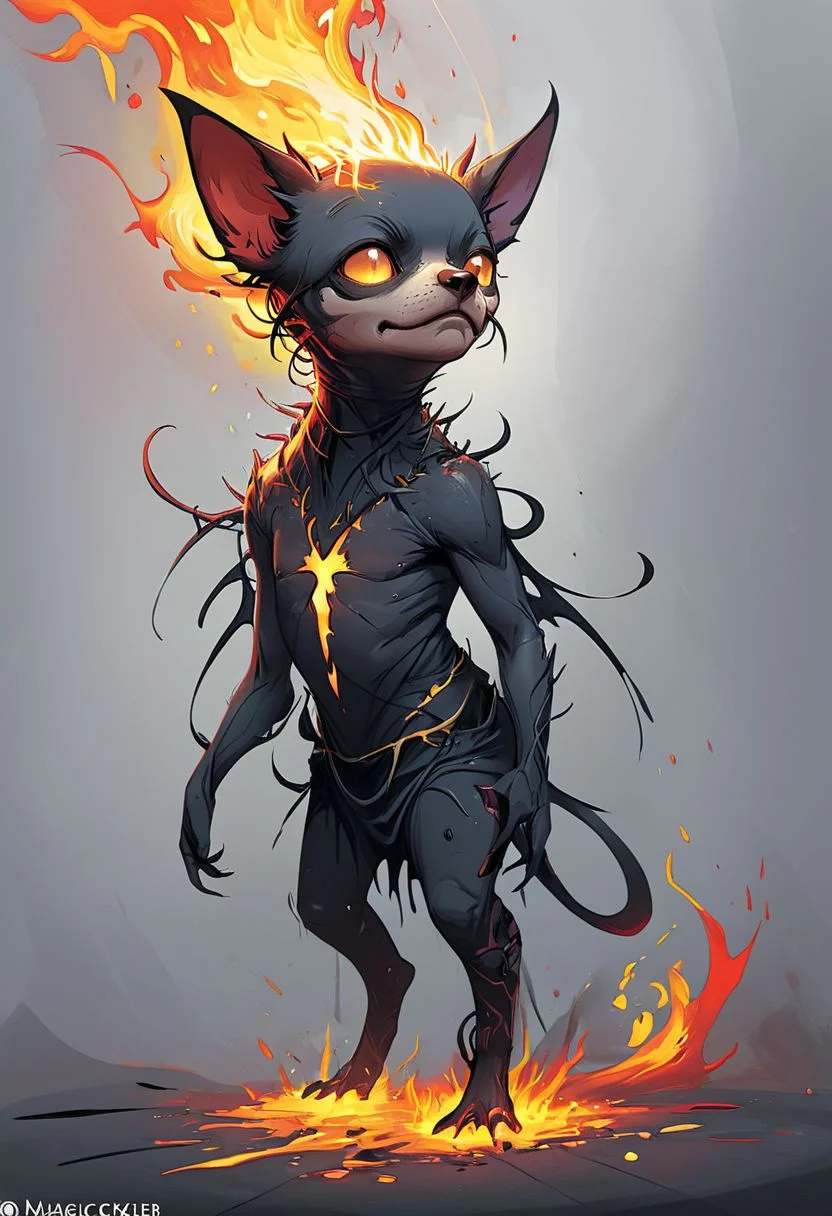 (masterpiece, best quality, detailed:1.25), (cel-shaded:1.25) flat concept By (Anne Bachelier and Stephen Oakley:1.36) from (Magic: The Gathering Arena:1.25) hips-up portrait of a (hellhound Chihuahua) that can breath fire, standing alone in random location, looking directly at you, sharper, clean lines, outline, muted colors, minimum details