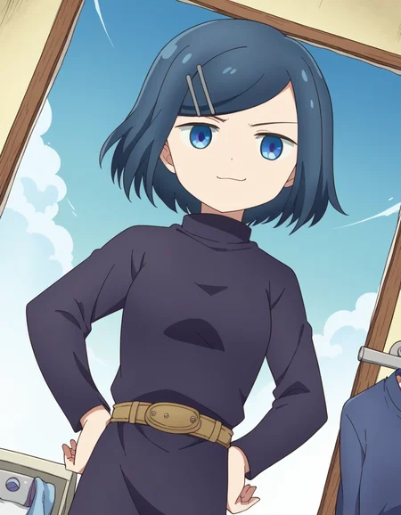 score_9, score_8_up, score_7_up, source_anime, <lora:dungeonpeople-clay-s1-ponyxl-lora-nochekaiser:1>, clay, short hair, blue eyes, black hair, hair ornament, blue hair, hairclip, swept bangs,, dress, belt, long sleeves, turtleneck,, laundry day, clothesline, drying clothes, domestic life, fresh air, blue sky, , , smug, hands on hips,, solo,, cowboy shot, dutch angle