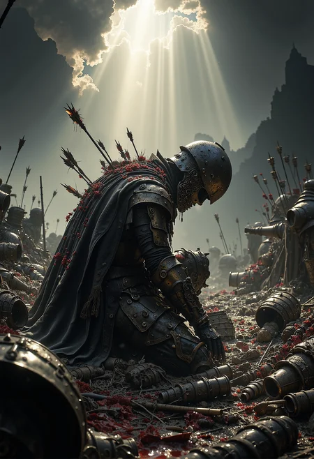 A medieval battlefield aftermath scene, side view of a battle-worn soldier in full armor, kneels in the mud. his body sagging under the weight of numerous arrows embedded in his back. With his head bowed and only the faintest remnants of strength keeping him upright, he stands as a grim testament to sacrifice. His helmet is dented and bloodstained, his once pristine armor now tarnished and worn. The scene is framed in a side view, capturing the tragic yet heroic moment as god rays break through dark clouds, casting dramatic backlighting that highlights the soldierâs silhouette. The atmosphere is heavy with the air of glorification, a somber tribute to his final moments. The faint glow of the light contrasts with the brutal carnage of the battlefield around him, giving the image an epic and awe-inspiring tone. <lora:flux.1_lora_flyway_Epic-detail_v2.safetensors:0.3>, <lora:Elden_Ring_-_Yoshitaka_Amano.safetensors:0.9>, <lora:black_fantasy.safetensors:0.5>, <lora:aiai-Glimra-Flux-Dev-v2.safetensors:0.5>,