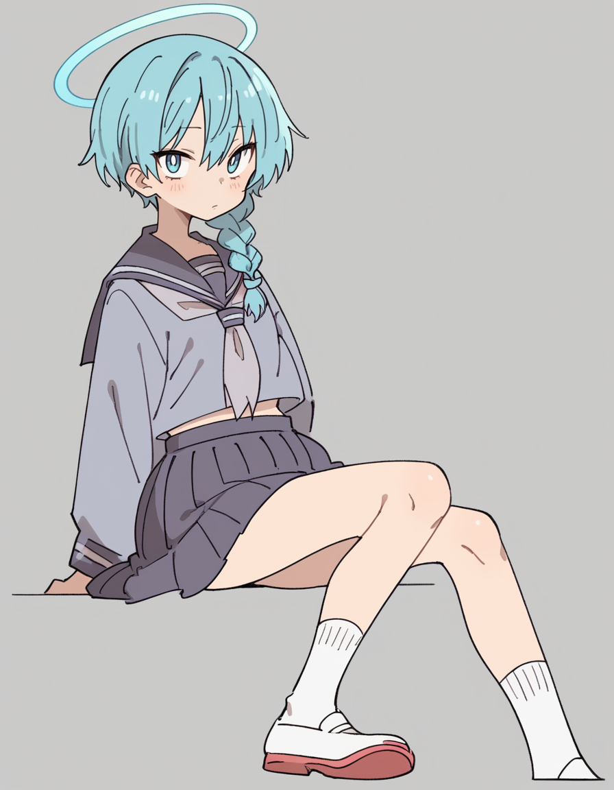 zPDXL, score_9, score_8_up, score_7_up, score_6_up, score_5_up, score_4_up, 1girl, solo,
 <lora:Maa:0.8> maa, flat color, serafuku, school uniform, pleated skirt, socks, white footwear, uwabaki, looking at viewer, cyan halo braid, slender,