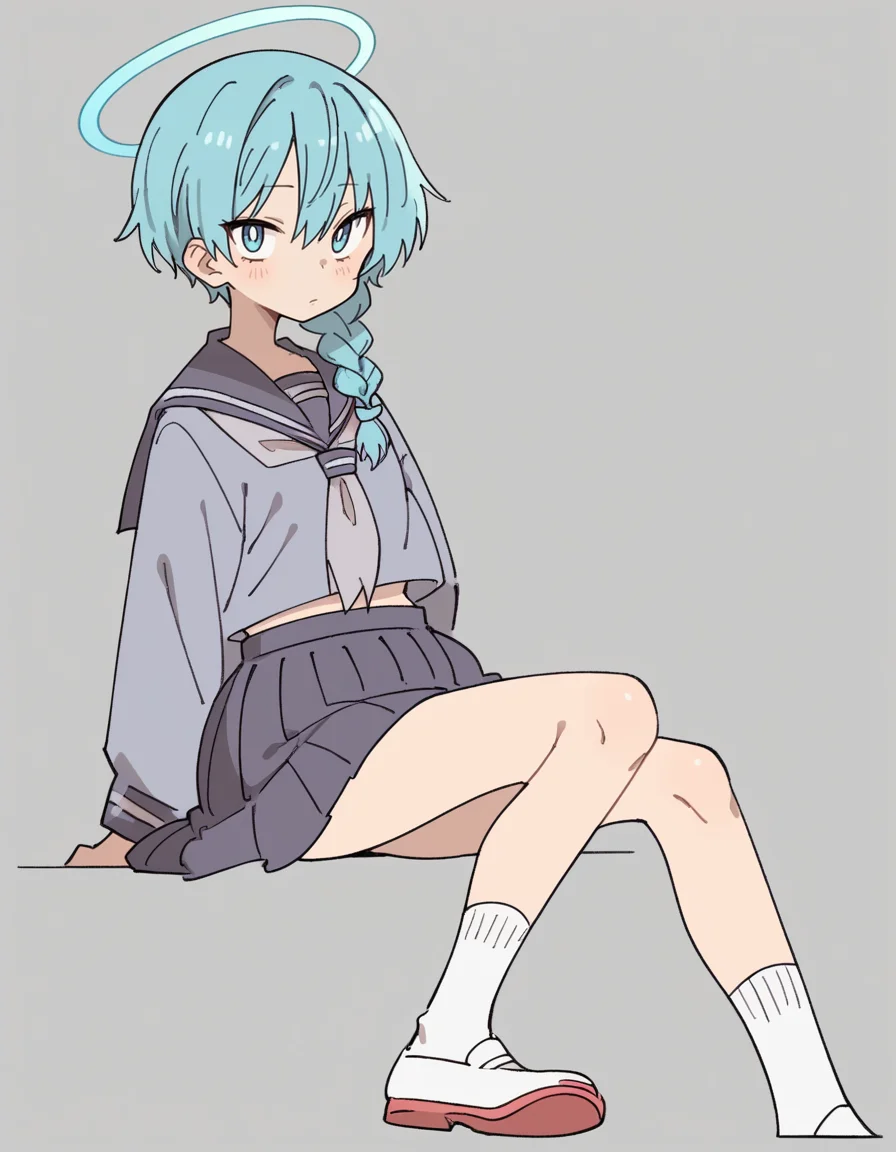 zPDXL, score_9, score_8_up, score_7_up, score_6_up, score_5_up, score_4_up, 1girl, solo,
 <lora:Maa:0.8> maa, flat color, serafuku, school uniform, pleated skirt, socks, white footwear, uwabaki, looking at viewer, cyan halo braid, slender,