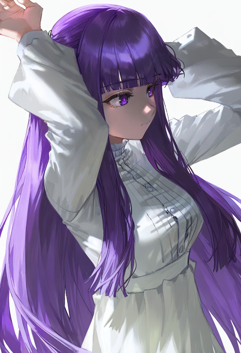 fern \(sousou no frieren\), 1girl, solo, long hair, purple eyes, purple hair, white background, simple background, dress, long sleeves, bangs, white dress, closed mouth, blunt bangs, arms up, upper body, very long hair <lora:quasarcakeXL_NBVP1_lokr_V6311P:0.95>