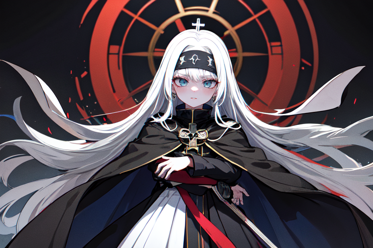 highly insanely detailed, masterpiece, top quality, best quality, highres, 4k, 8k, RAW photo, (very aesthetic, beautiful and aesthetic),  
beth_\(megami_tensei\),bethsmtii,shin megami tensei ii,long hair,black hair,straight hair,sleek black,jewelry,cross,headband,red_lipstick,white cape,cape_with_messian_symbol,Religious_cape,messian_symbol_cape,holy_knight_cape,bandana_with_messian_symbol,Religious_bandana,symbol_headband,messian_church_bandana,Tokyo_Millennium,post-apocalyptic_city,dystopian_world,Arcadia,Utopian_district,demon-free_zone,false_paradise,Private_mansion,guarded_residence,elite_dwelling,Millennium_News_Network,City_news,propaganda_broadcasts,information_contro,Order_of_Messiah,Religious_order,messianic_cult,divine_rulers, 
<lora:zs_Beth:0>, 
(1girl:1.3), 1other, 
grey background,âââ