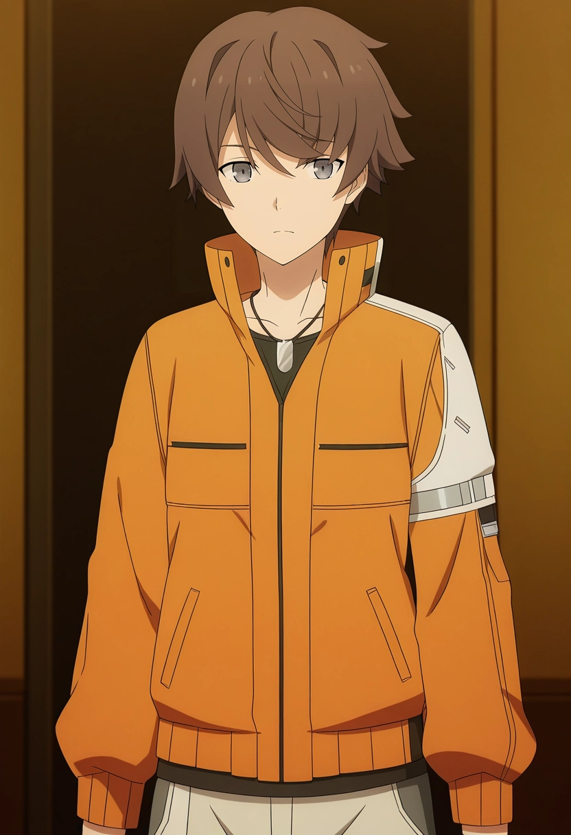 masterpiece, best quality, anime screencap, official style, anime coloring, cowboy shot, 1boy, solo, male focus, <lora:kanata_synduality_noir_ilxl:0.9>, kanata_synduality_noir, brown hair, grey eyes, short hair, , , orange jacket,