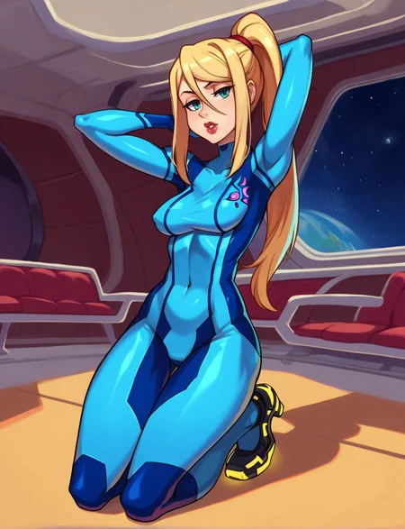 score_9, score_8_up, sgStyle, zero suit samus, samus aran, blue bodysuit, lips, 1girl, solo, indoors, hand behind head, kneeling, space station, cowboy shot, solo focus, lipstick, heels <lora:sgStyleSDXL-000006:1>
