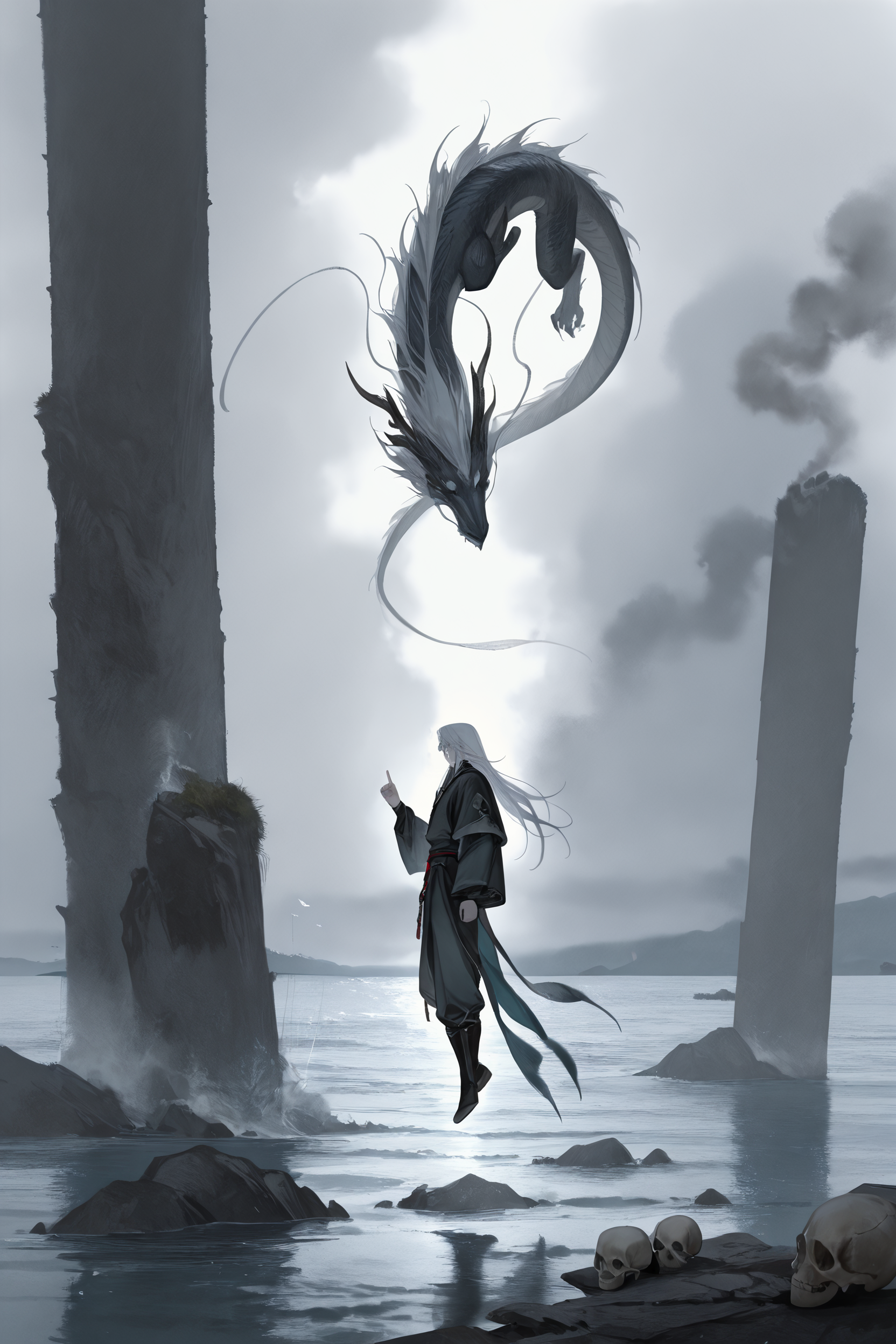 masterpiece, best quality, very aesthetic, newest, absurdres, highres,
<lora:YuYuHuadiaoIllustriousV1:1> yuyuhuadiao,
1boy, dragon, floating, full body, index finger raised, long hair, male focus, ocean, pants, profile, scenery, skull, smoke, white hair,
