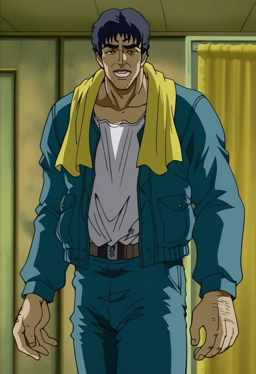 masterpiece, best quality, amazing quality,
guizuo \(style\), 1man, male focus, solo, black short hair, black eyes, middle-aged man, stubble, yellow towel around neck, blue jacket, white shirt, long sleeves, blue pants, fukuyaburi,