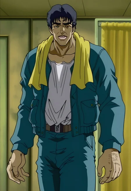 masterpiece, best quality, amazing quality,
guizuo \(style\), 1man, male focus, solo, black short hair, black eyes, middle-aged man, stubble, yellow towel around neck, blue jacket, white shirt, long sleeves, blue pants, fukuyaburi,