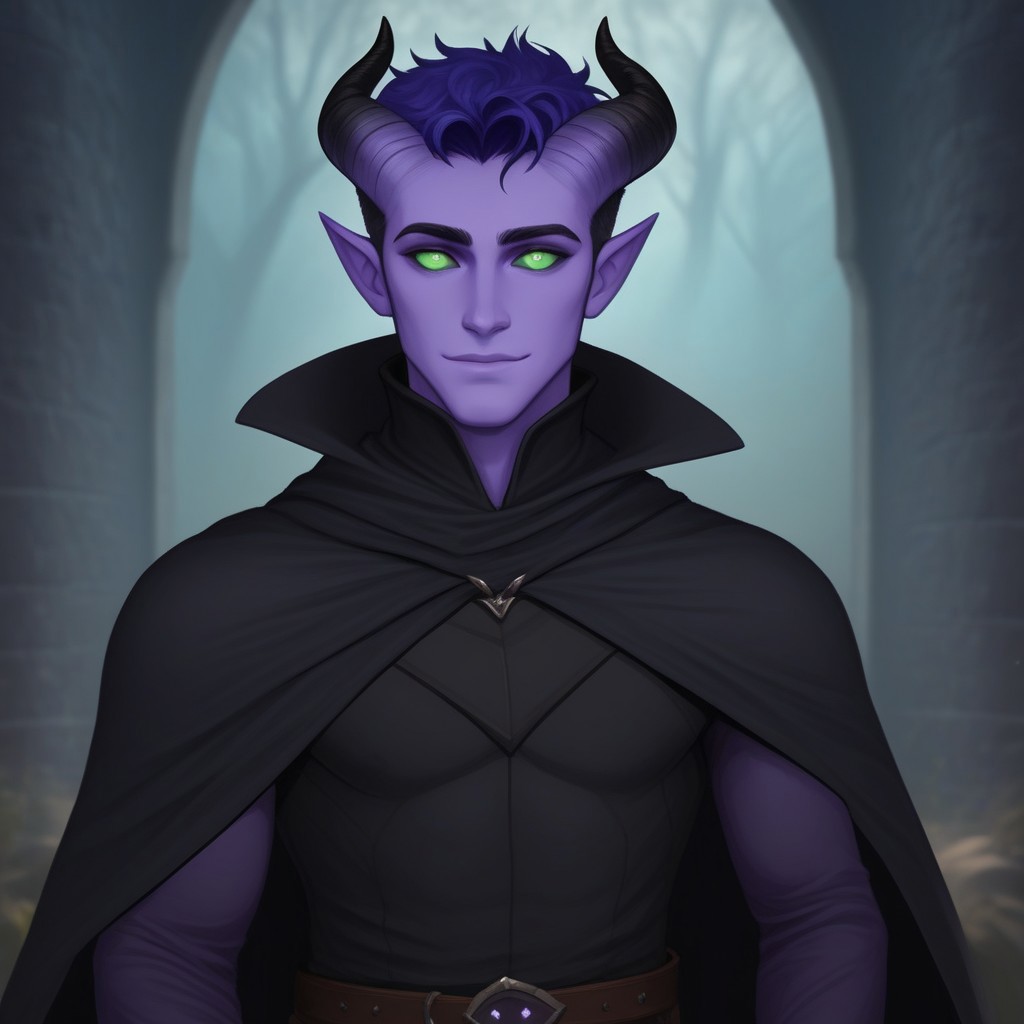 masterpiece, best quality, upper body, solo, 
tiefling, pointed ears, horns, tail, black sclera,
1 male, purple skin, green eyes, blue hair, short hair, curly hair, black cape, black shirt,
looking at the viewer, posing, 
fantasy background, blurred background,