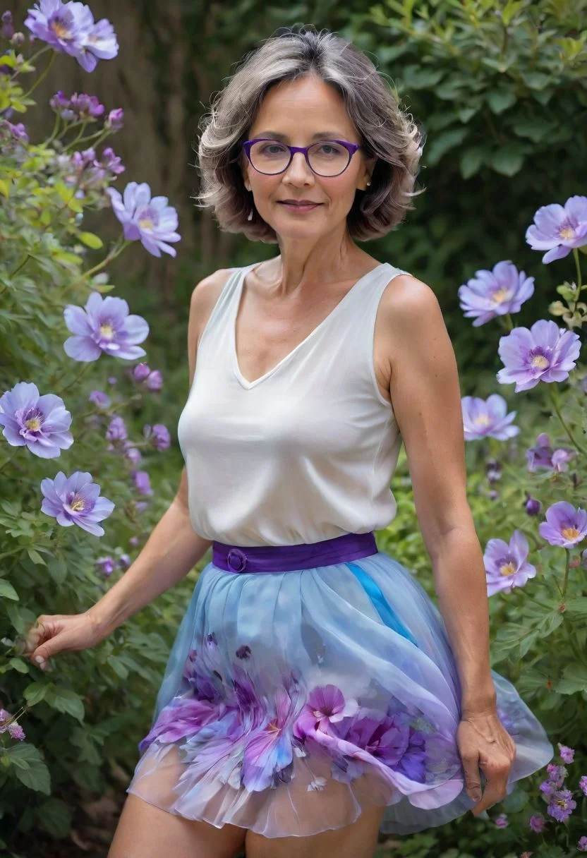 45 year old Petite GertrudeXL, glasses, AiARTiST,Petal skirt (or Natural language description), surrounded by beautiful purple and blue flowers