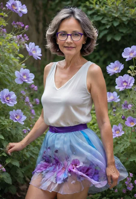 45 year old Petite GertrudeXL, glasses, AiARTiST,Petal skirt (or Natural language description), surrounded by beautiful purple and blue flowers