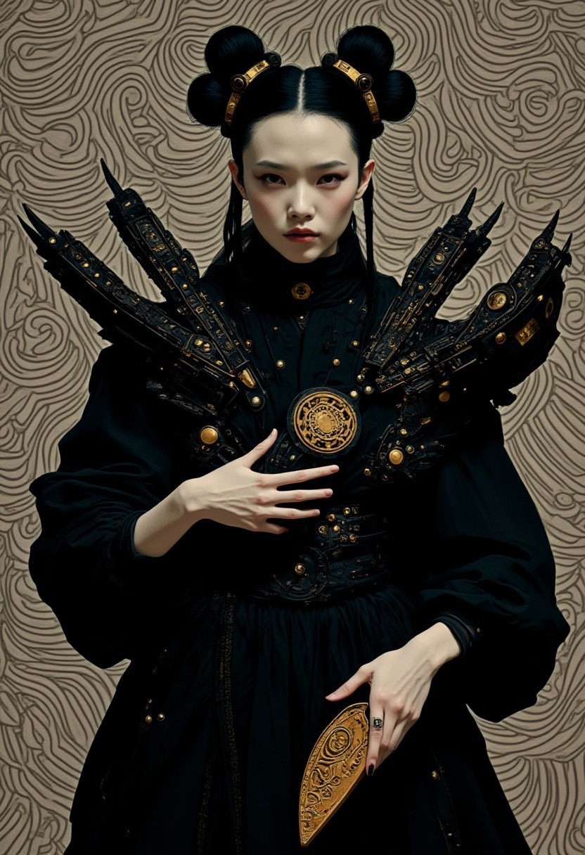 A woman with striking, angular features and a pale, confident complexion stands against a mesmerizing backdrop of black-and-white fractal lines, forming an intricate optical illusion that creates depth and movement. She wears a flowing black dress adorned with gold accents and wind-inspired swirling patterns, reminiscent of traditional attire with a modern, avant-garde twist. The dress features structured fan-like elements at her shoulders and waist, exuding a commanding, regal presence. Her hair is styled in four sleek buns, each adorned with intricate fan-shaped accessories, enhancing her sense of power. Her gaze is intense and steady, exuding quiet strength and determination. Soft, focused lighting highlights the gold details of her outfit, as one hand grips a sculpted fan by her side while the other extends slightly forward, poised with latent energy. The optical illusion background enhances the surreal quality of the scene, blending geometric complexity with the elegance of her outfit for a striking, fashion-forward aesthetic.
